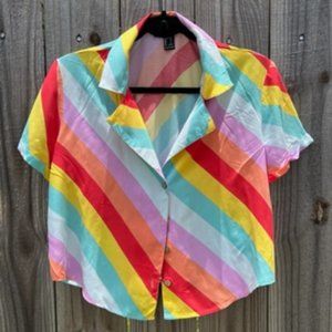 Forever 21 Rainbow Button Up Collar Crop Top/ Large/ Multicolored